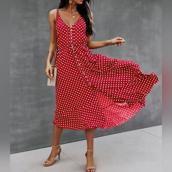 New Chic Flowy Polka Dot Button Front Cami Dress Midi Red White - Picture 2 of 8